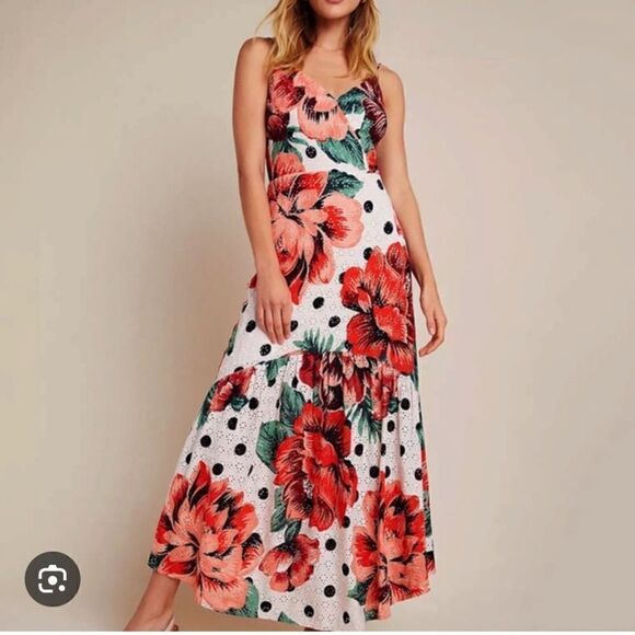 Farm Rio Riviera Eyelet Maxi Dress Anthropologie Riviera Red Floral - Picture 2 of 15